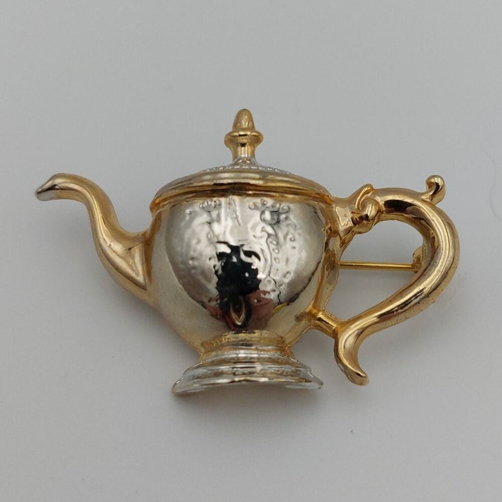Vintage Teapot Brooch Mixed Metal Gold Silver Tone Etched Tea Pot Pin